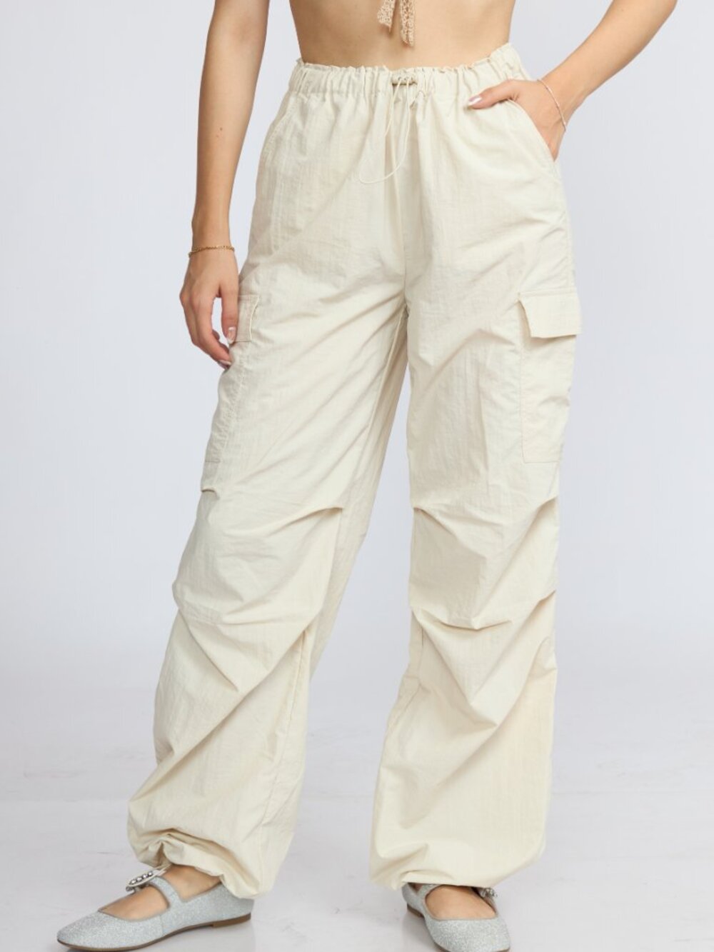 Women's Lightweight Nylon Cargo Pants, Wide Leg Drawstring Utility Pants - Picture 3 of 7